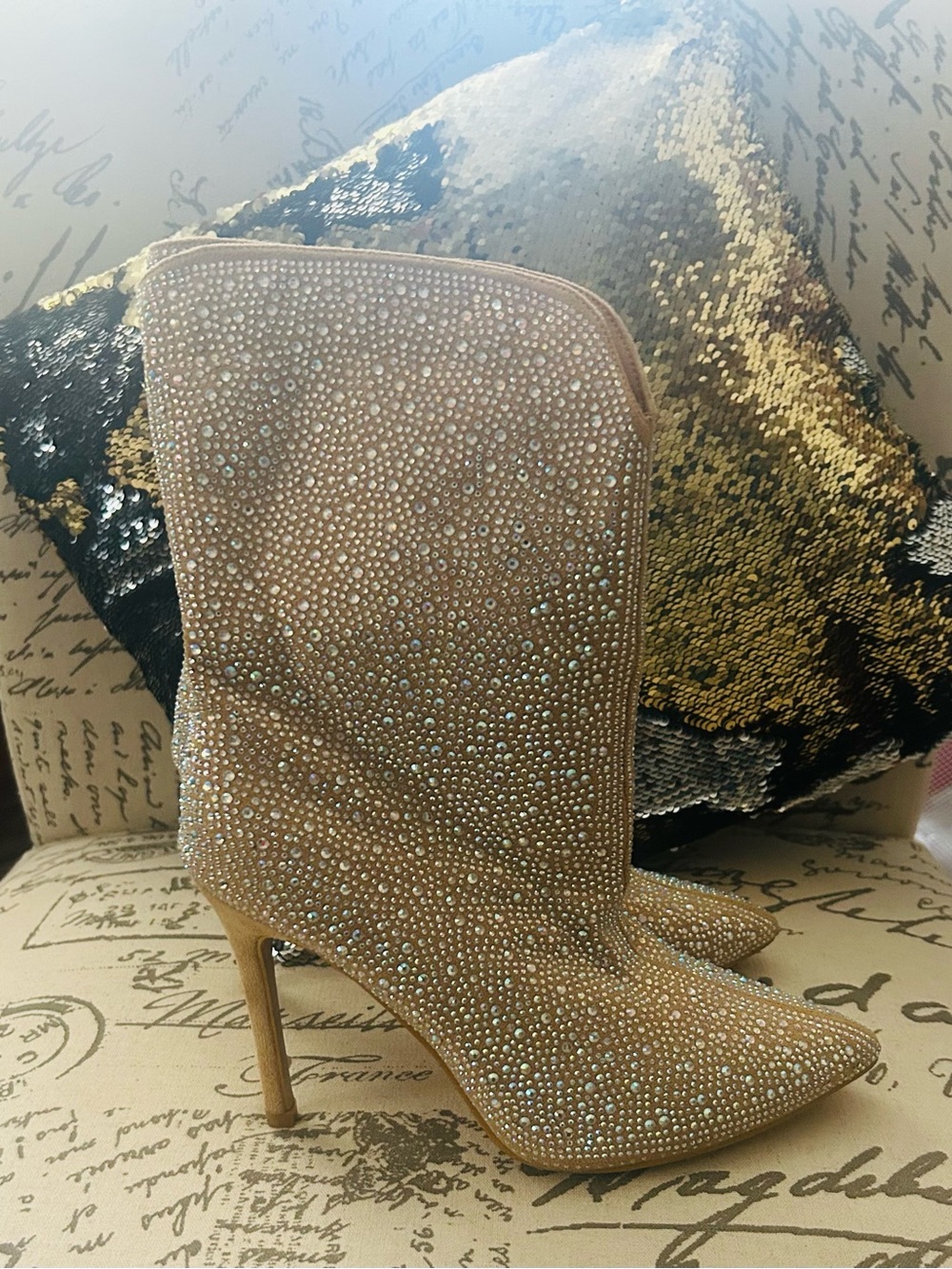 Crystal-Embellished Tan Stiletto Ankle Boots